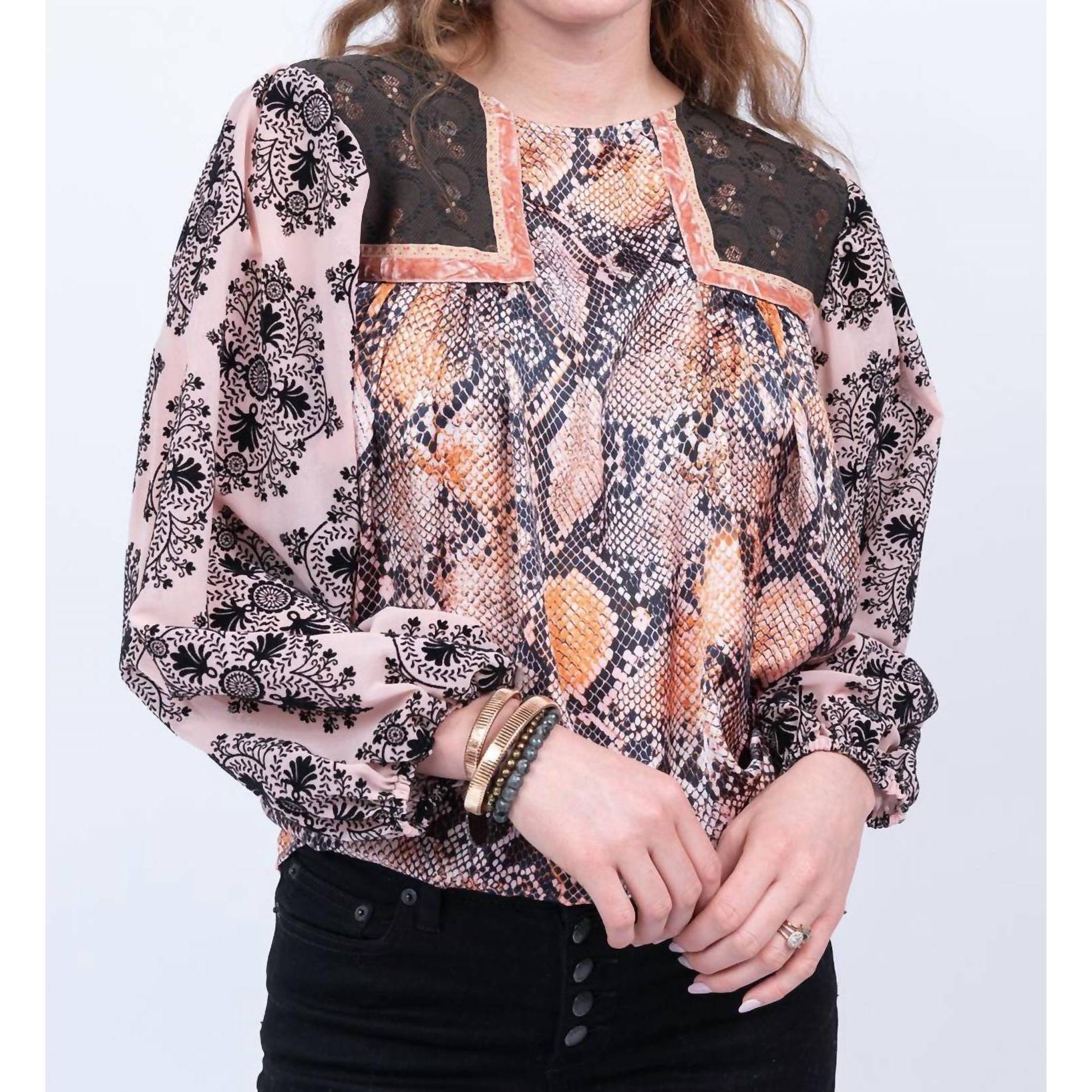 New Ivy Jane Snake Mix Print Top In Black/ Pink/ Brown